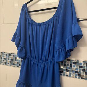 Royal Blue Off-Shoulder Ruffle Romper | Flowy & Feminine (L)